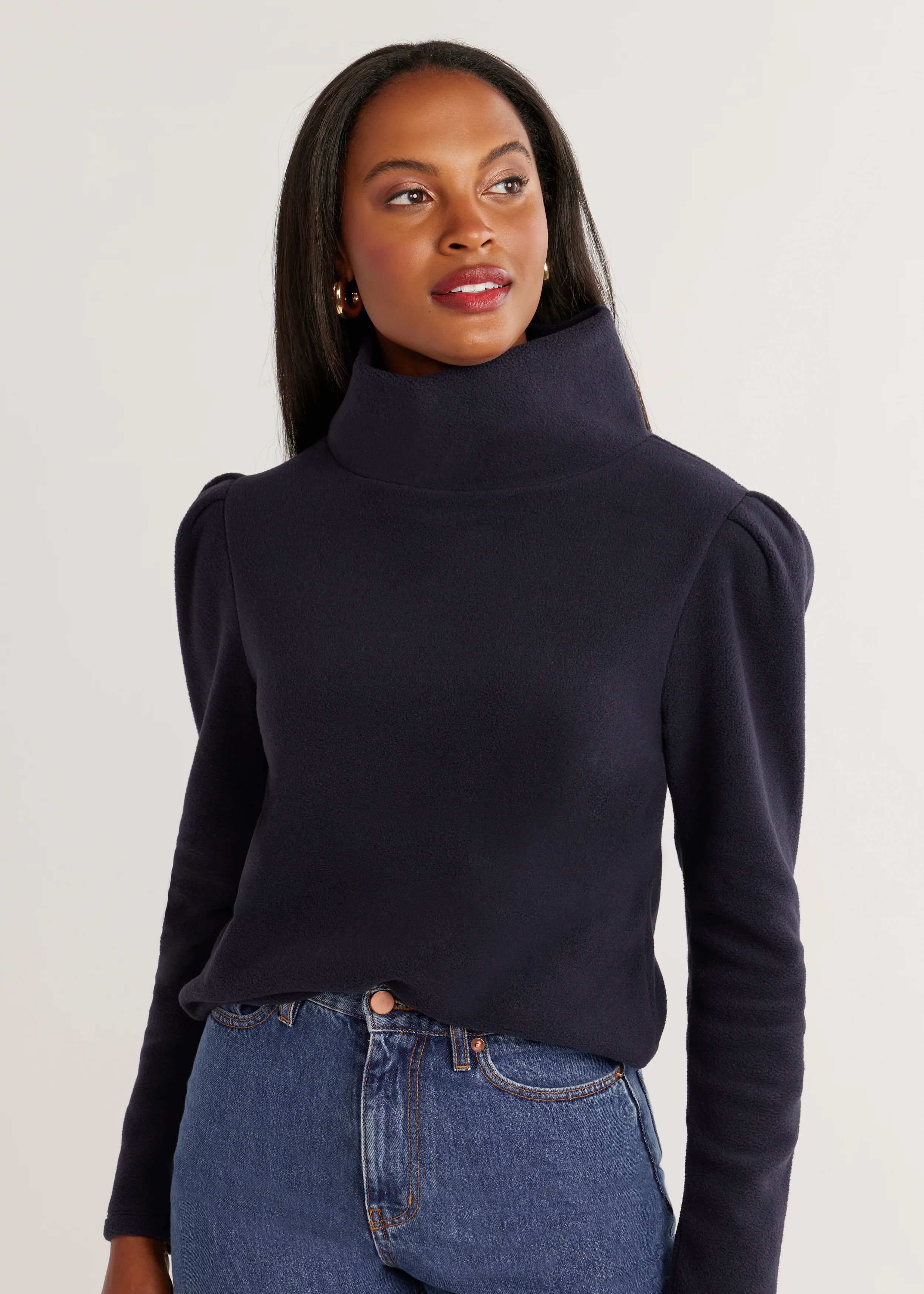 Palmer Puff Sleeve Turtleneck in Vello Fleece (Navy) | Dudley Stephens