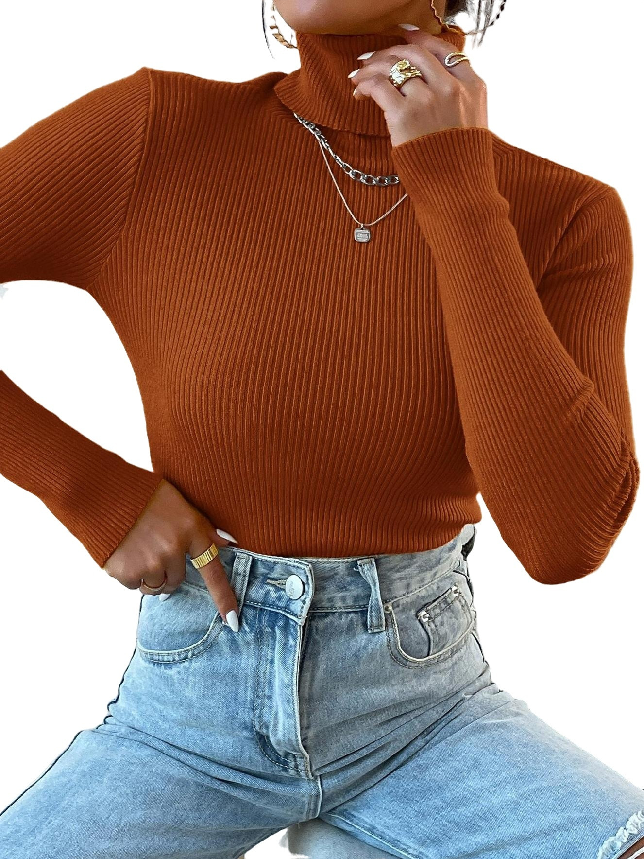 Womens Sweaters Casual Plain High Neck Pullovers Burnt Orange M - Walmart.com | Walmart (US)