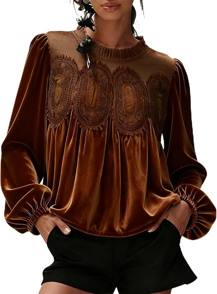 Faleave Women's Velvet Trim Lace Blouse Long Sleeve Shirt Elegant Flared Swing Top Round Neck Cas... | Amazon (US)