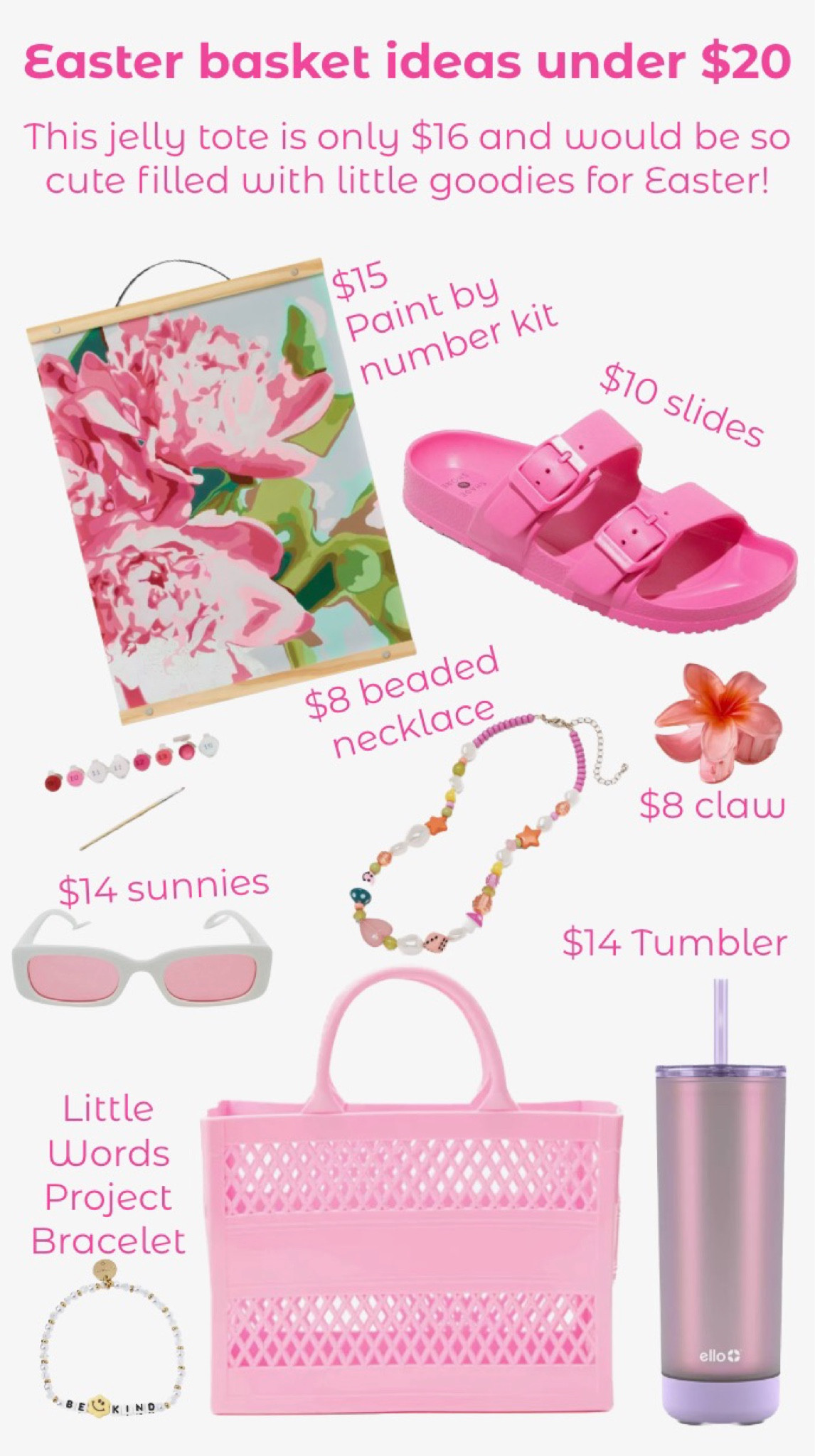 Easter is just around the corner, so I wanted to share some cute teen girl Easter basket ideas! All of the things pictured are under $20 and some are under $10! I think the jelly tote would make a cute easter basket and it’s easy to fill with candy or some of the items I linked!  girls easter basket, teen girl easter basket, easter basket under $20, under $20 easter gift, under $20 easter basket ideas, target easter basket, $10 sandals, $10 slides, jelly tote under $20, target easter finds, walmart easter finds, tumbler under $15, tumbler under $20, holographic tumbler, sunnies under $20, sunglasses under $20, sunnies under $15, sunglasses under $20, little words project bracelet, target new arrivals, beaded necklace under $10, trendy accessories, trendy jewelry, paint by number kit, hair claw, hair accessories under $10

#LTKfamily #LTKSeasonal #LTKkids