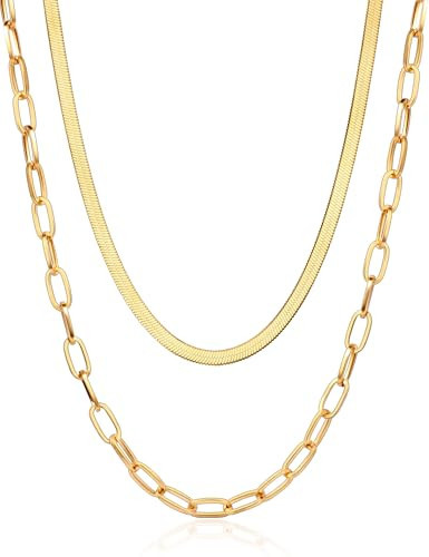 AILPIWE 18K Gold Plated Layered Necklaces for Women, Dainty Paperclip Herringbone Link Chain Gold Necklace Stack for Women | Amazon (US)