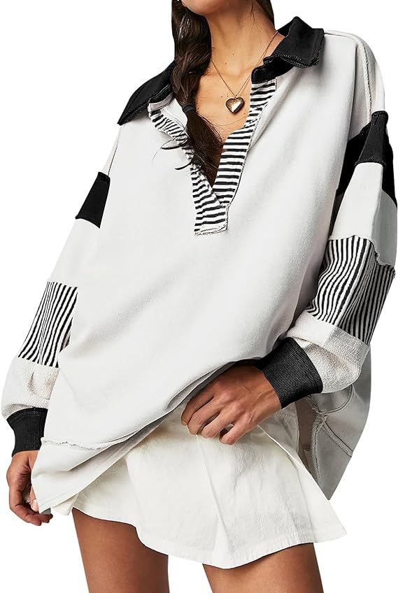 Ugerlov Women's Oversized Sweatshirt Lapel Collared V Neck Polo Shirts Pullover Color Block Strip... | Amazon (US)