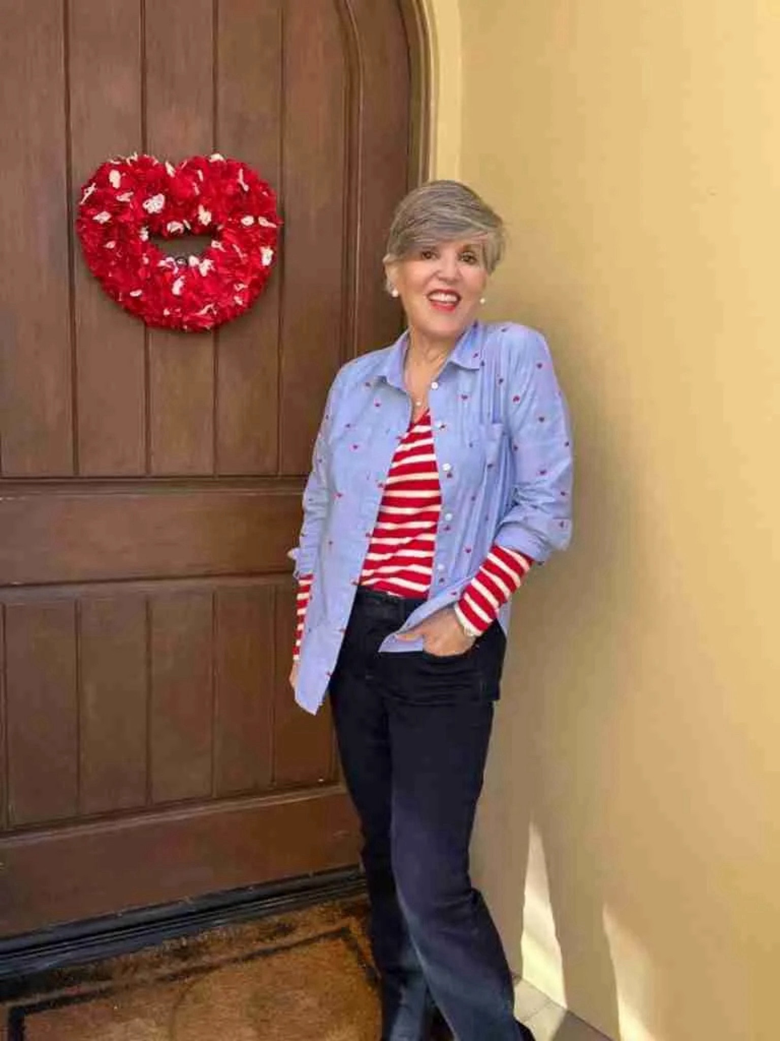 Share this with your friend who LOVES ❤️ LOVE and who ALWAYS celebrates Valentine’s Day!  This @jcrewfactory heart-print blue cotton (M) is so cute and a bit understated!  I love it and wore it with a red puffer vest, a cashmere v-neck, and over a red striped tee.  So cute!  🥰 which way is your favorite?  Tell me below ⬇️! ❤️❤️❤️❤️❤️
-Shop
1. ❤️🛍️Text me “links please” and I’ll DM them right to you!  OR
2. ❤️🛍️ Click on the link in my stories.
3. ❤️🛍️ Go to my Profile and click on the link in my Linktree to LTK to shop there.
#casualstyle #casualchic #puffervestseason #cashmeresweater #vionic #jcrewstyle #jcrewfactory #jcrewalways #jcrewaddict #leopardfashion #ltkover40

#LTKsalealert #LTKfindsunder50 #LTKSeasonal