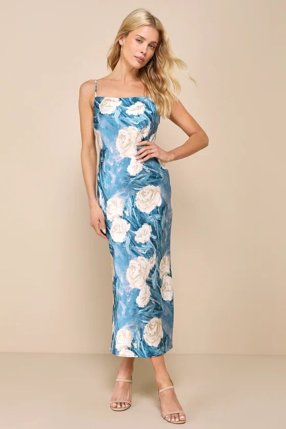 Endlessly Effortless Blue Floral Abstract Satin Slip Midi Dress | Lulus
