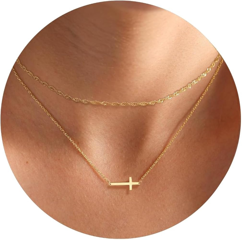 Cross Necklace for Women, 14K Gold/ Sterling Silver Plated Chain Dainty Layered Gold Cross Pendan... | Amazon (US)
