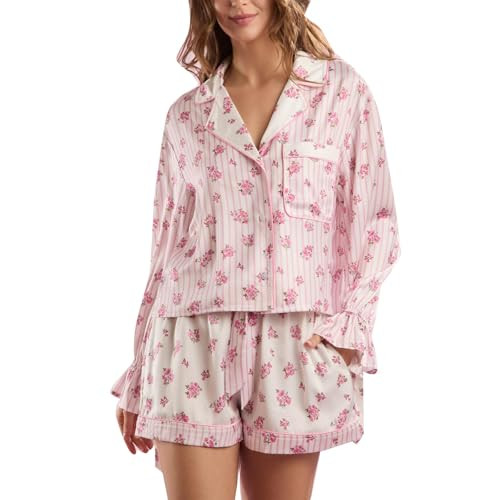 OZSZN Women Valentine’s Day 2 Piece Pajamas Set Long Sleeve Silk Bow Tie Shirt Shorts Pjs Outfits Cute Stain Sleepwear (Pink-Floral,Medium) | Amazon (US)