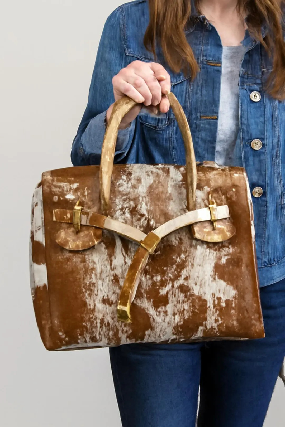 Handcrafted Cowhide Leather Tote Bag: Elegant Brown & White Design | Etsy (US)