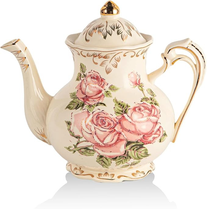 YOLIFE Small Pink Rose Teapot, 25oz/ 2 Cup Vintage Ivory Ceramic Tea Pot, Floral Teapot with Gold... | Amazon (US)