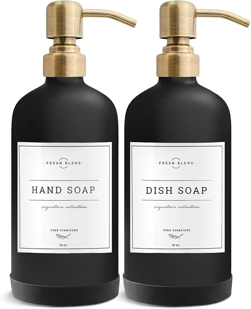 Vine Creations Black Glass Soap Dispenser, 2 Pack Kitchen Soap Dispenser Set with Stainless Steel... | Amazon (US)