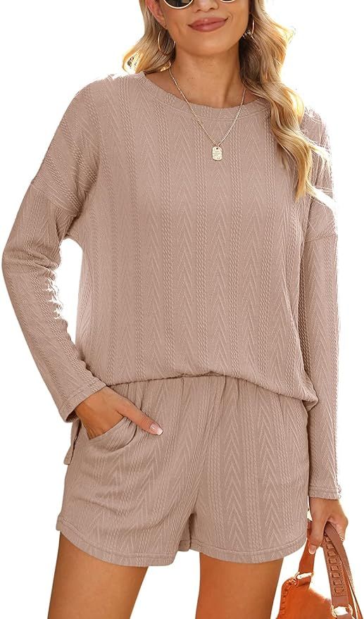 Amazon.com: KIKIBERRY Womens Knit Lounge Set Cable Ribbed Crewneck 2 Piece Sweatsuits Loungewear ... | Amazon (US)