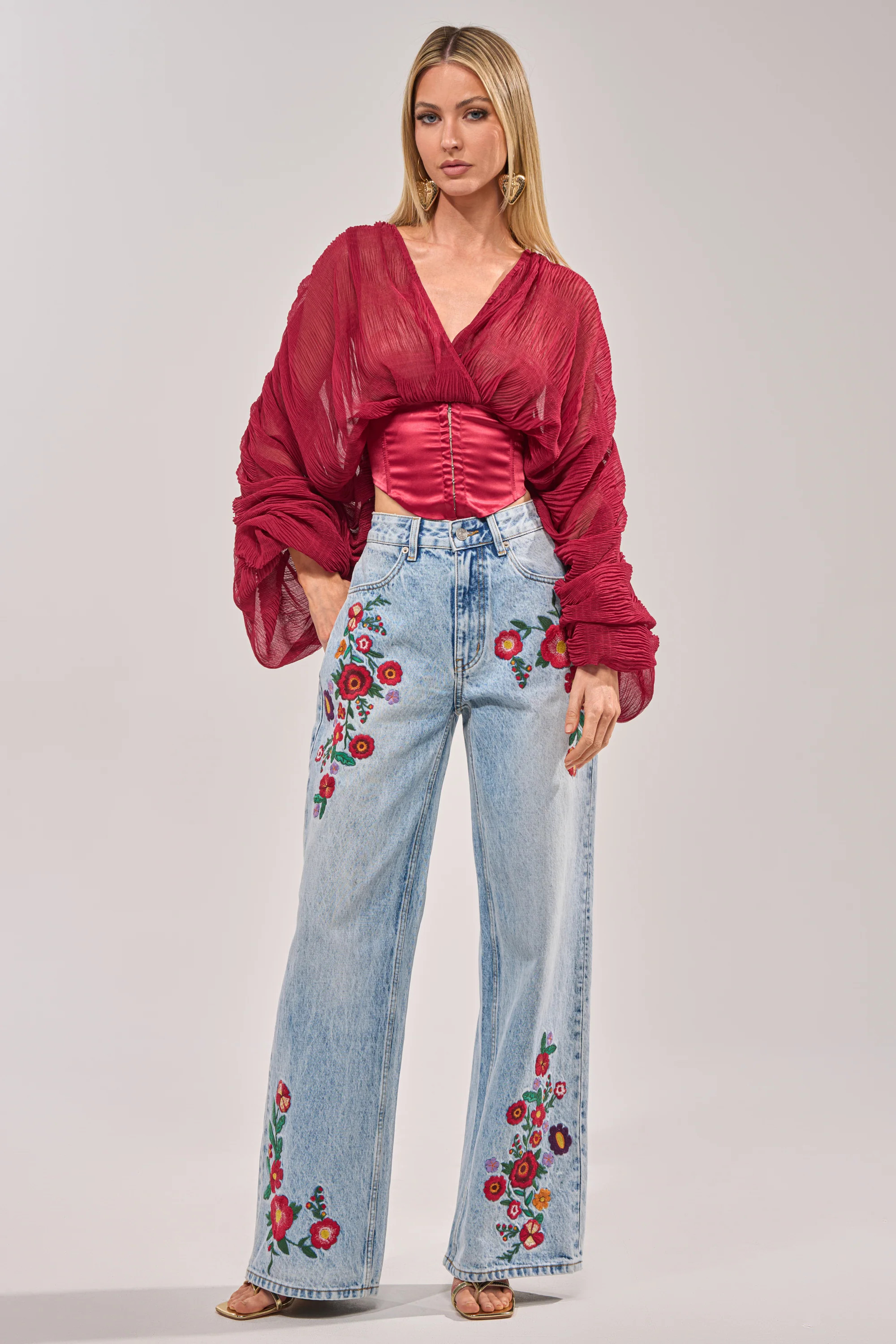 AKIRA Give Me Flowers Wide Leg Denim Pants | Light Blue | Size Large | AKIRA