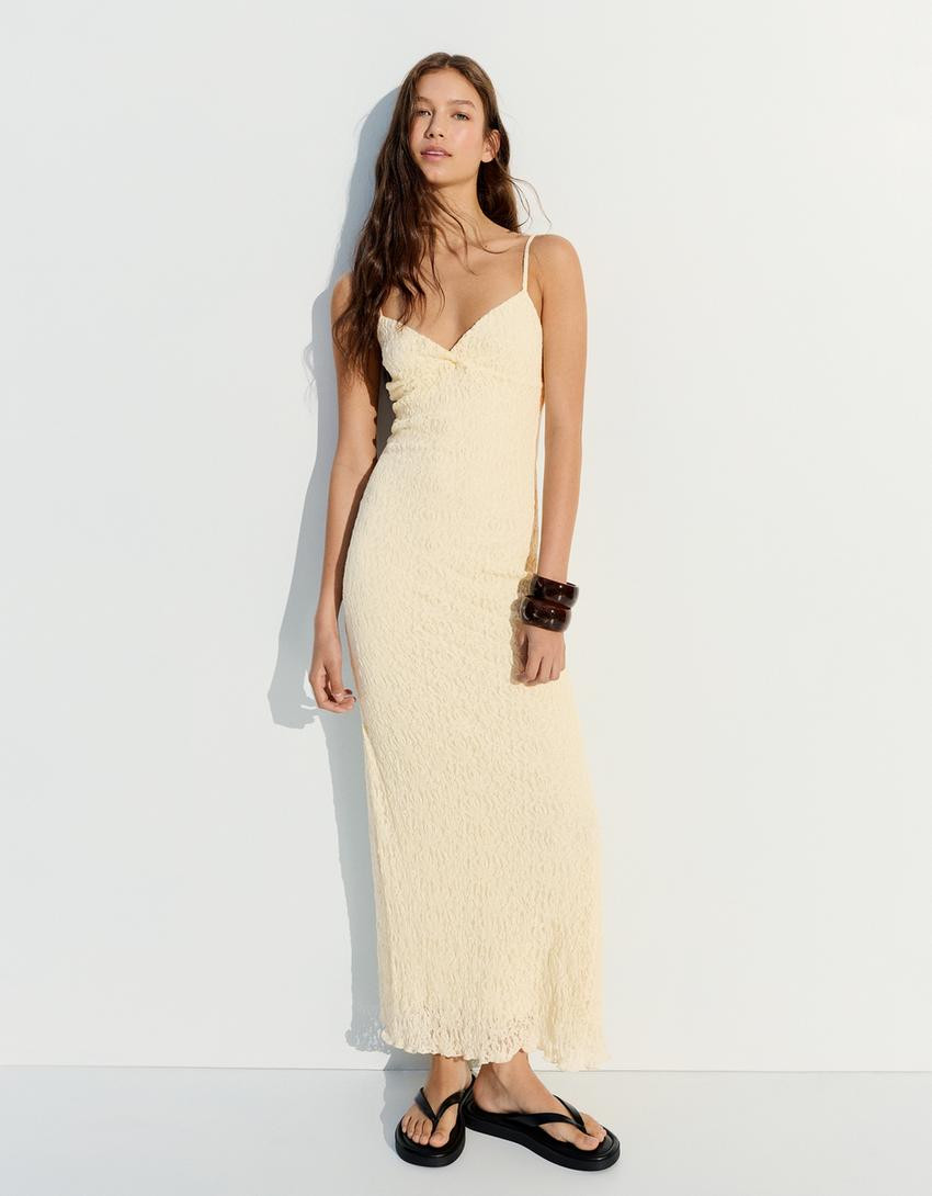 Lace strap midi dress - Women | Bershka UK