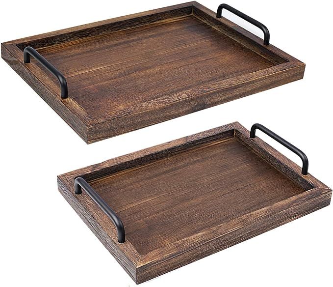 LIBWYS Rustic Wooden Serving Trays with Handle-Set of 2-Decorative Nesting Food Board Platters for B | Amazon (US)