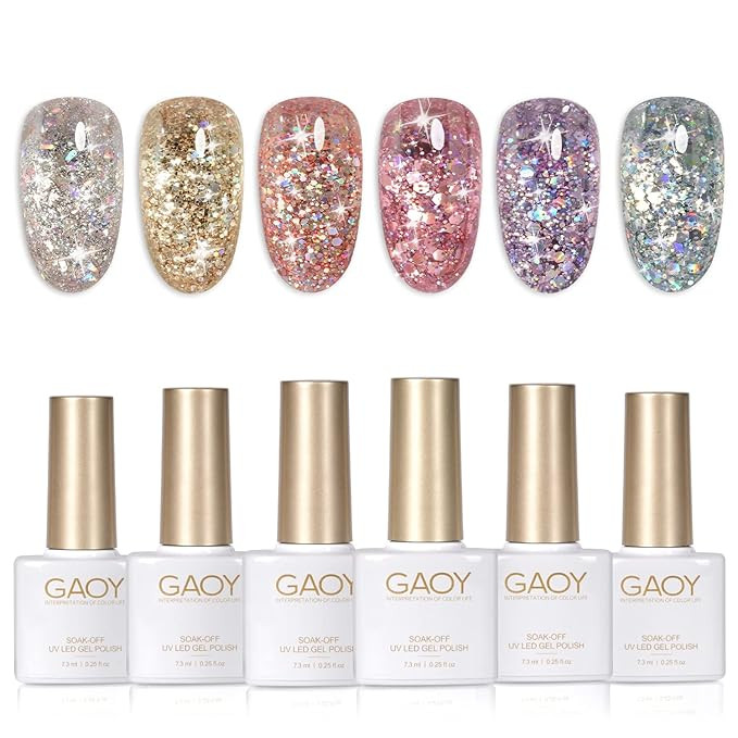GAOY Glitter Gel Nail Polish Set, 6 Colors Including Pink White Gold Purple Gel Nail Kit for Nail... | Amazon (US)