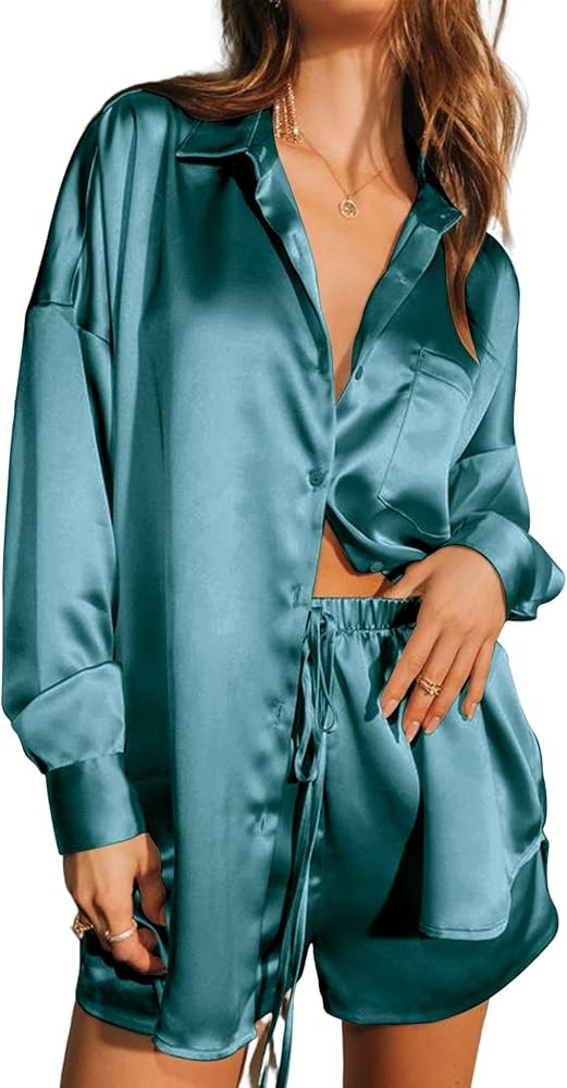 Ekouaer Womens Two Piece Satin Pajama Set Long Sleeve Lounge Sets Button Down Shirts and Shorts P... | Amazon (US)