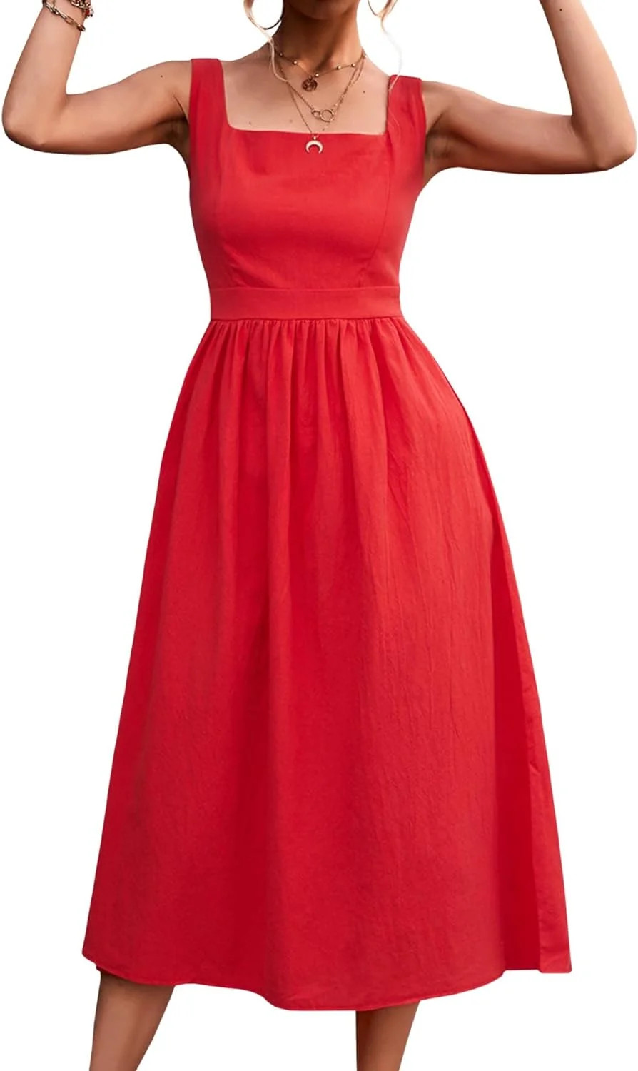 HLSOHJP Women's Square Collar Casual Dress Sleeveless Pleated A-Line Summer Beach Boho Elegant Ba... | Walmart (US)