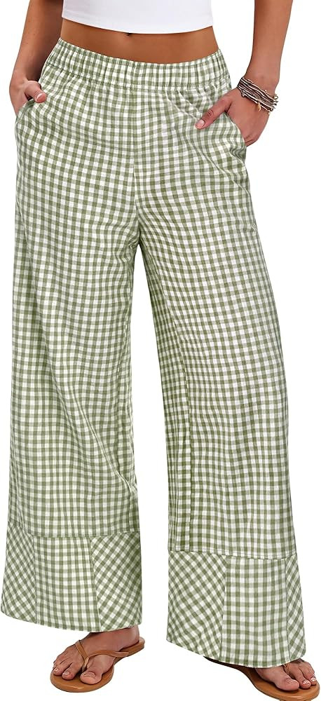 ANRABESS Womens Gingham Pants Checkered Plaid Striped Boxer Wide Leg Palazzo Pants Lounge PJ Bott... | Amazon (US)