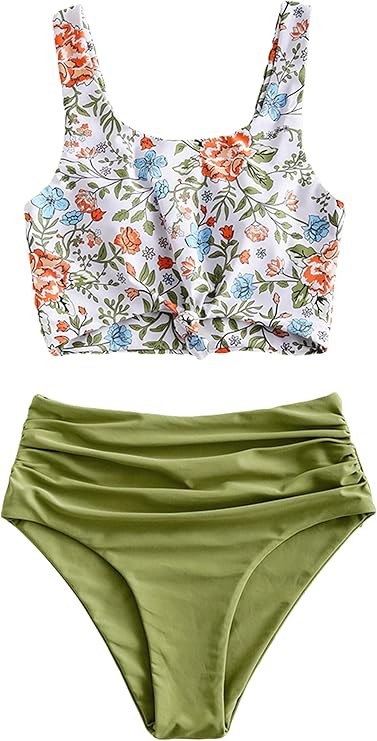 ZAFUL Women's High Waisted Bikini Scoop Neck Swimsuit Two Pieces Bathing Suit | Amazon (US)