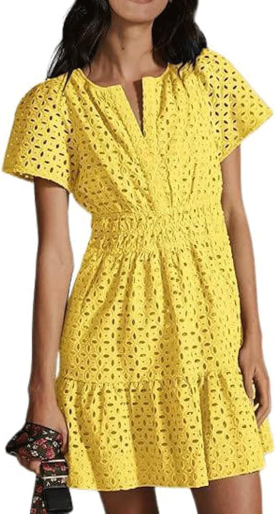utcoco Lace Eyelet Mini Dress for Women 2025 Casual V Neck Short Sleeve Smocked Waist Tiered Boho... | Amazon (US)