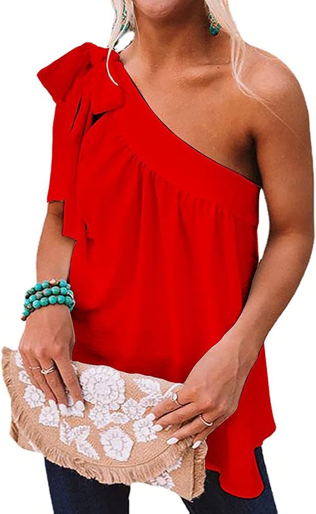 Faculol One Shoulder Tops for Women Casual Loose Self Tie Bow Knot Shirt Sleeveless Tunics Blouse | Amazon (US)