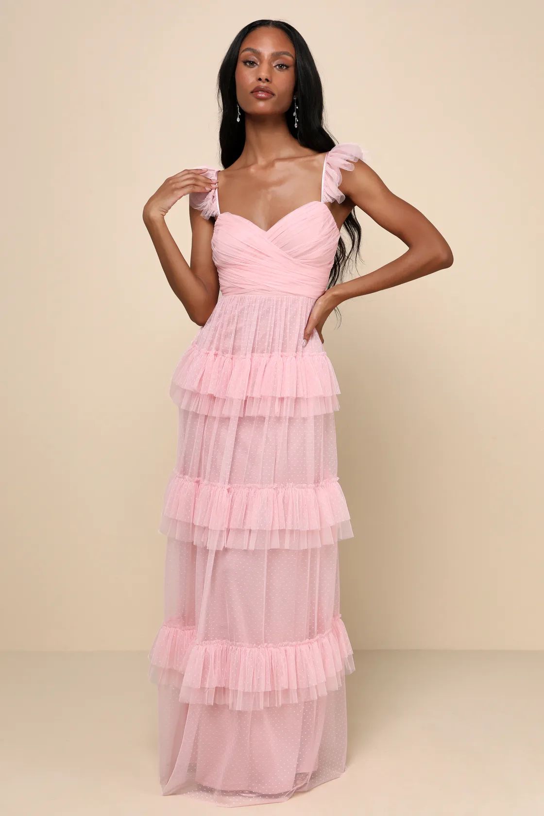 Pure Radiance Pink Mesh Swiss Dot Backless Tiered Maxi Dress | Lulus