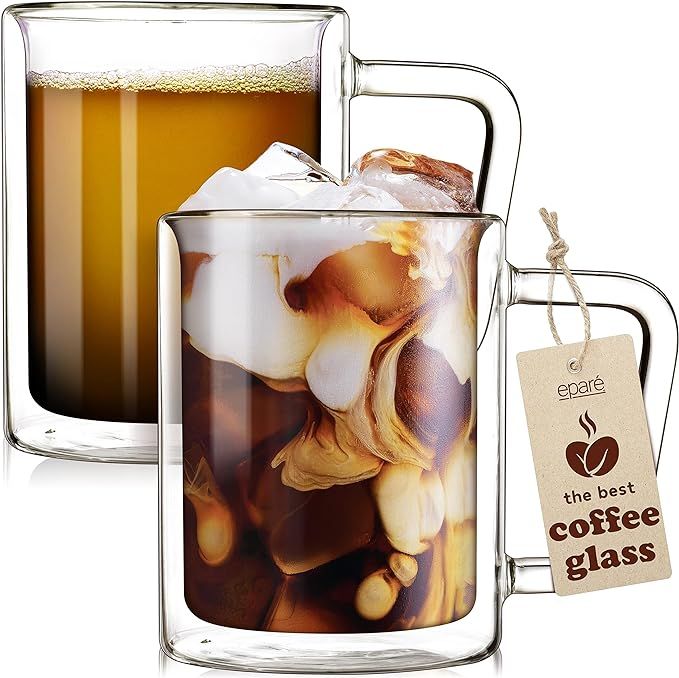 16 oz Glass Coffee Mugs - Set of 2 - Clear Double Wall Glasses - Insulated Glassware With Handle ... | Amazon (US)