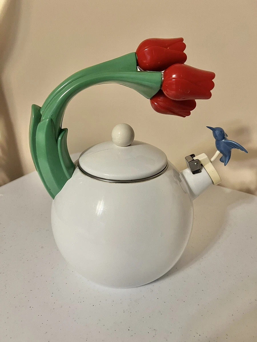 Vintage Ancona Teapot White Enamel  Hummingbird Red Tulip Whistling Tea Kettle  | eBay | eBay US