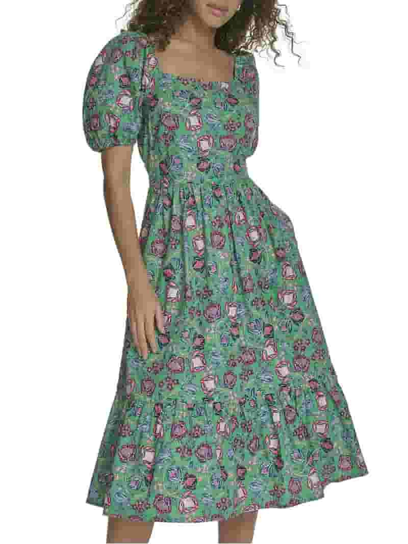 Falling Flowers Women's Cotton Square Neck Puff Sleeve Flounce Tiered Midi Dress, Sizes XS-XL - W... | Walmart (US)