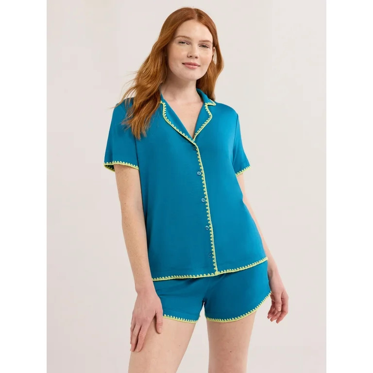 Joyspun Women’s Short Sleeve Notch Top and Shorts Pajama Set with Blanket Stitching, Sizes XS-3... | Walmart (US)