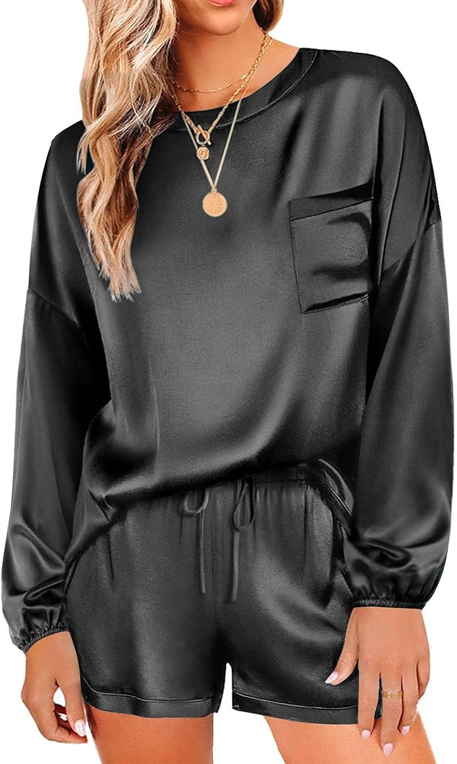 Ekouaer Womens Satin Silky Pajama Set Short Sleeve Shirt with Long Pajama Pant Set ... | Amazon (US)