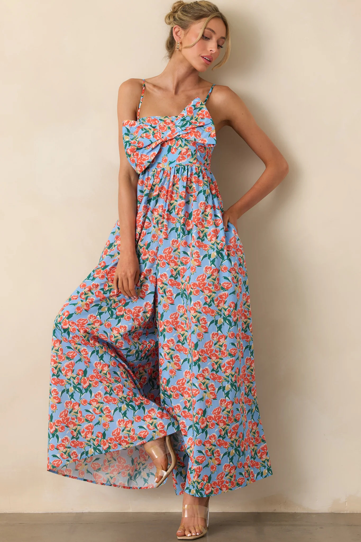 Too Good Not To Go Out Blue Floral Cotton Bow Front Jumpsuit | Red Dress