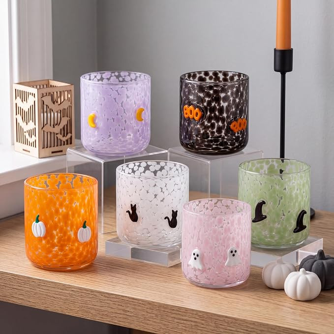 Ghost, Witch Hat, Pumpkin, Boo, Cat & Moon, Double Old Fashioned, Hand Blown Drinking Cups, Hallo... | Amazon (US)