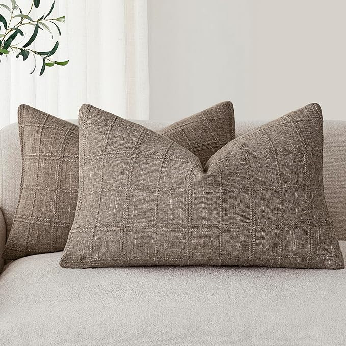 Foindtower Set of 2 Decorative Linen Check Throw Pillow Covers Neutral Farmhouse Lumbar Cushion C... | Amazon (US)
