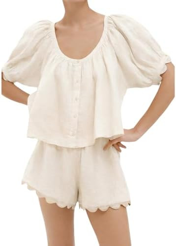 VAOYIU Two Piece Sets for Women Casual Summer Gingham Outfit Puff Sleeve Crew Neck Top Matching S... | Amazon (US)