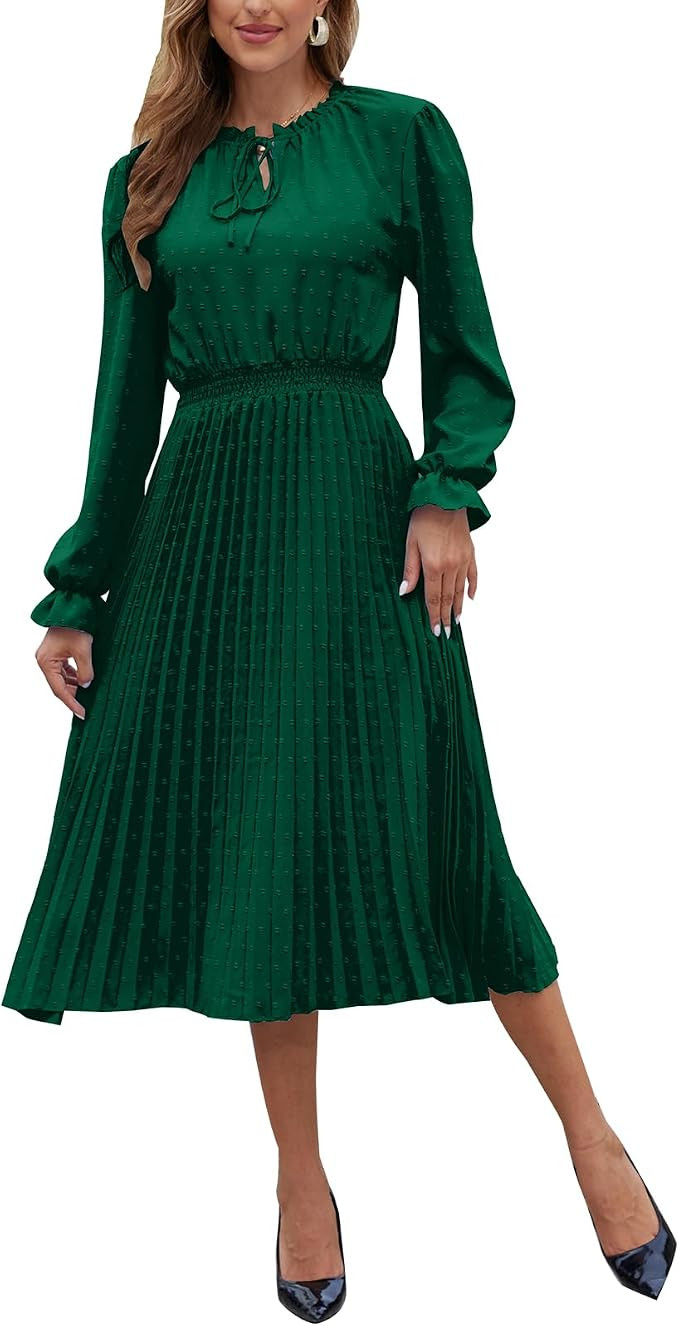 G&Y Women's Long Sleeve Swiss Dot Pleated A Line Flowy Dresses-2024 Fall V Neck Dresses for Women | Amazon (US)