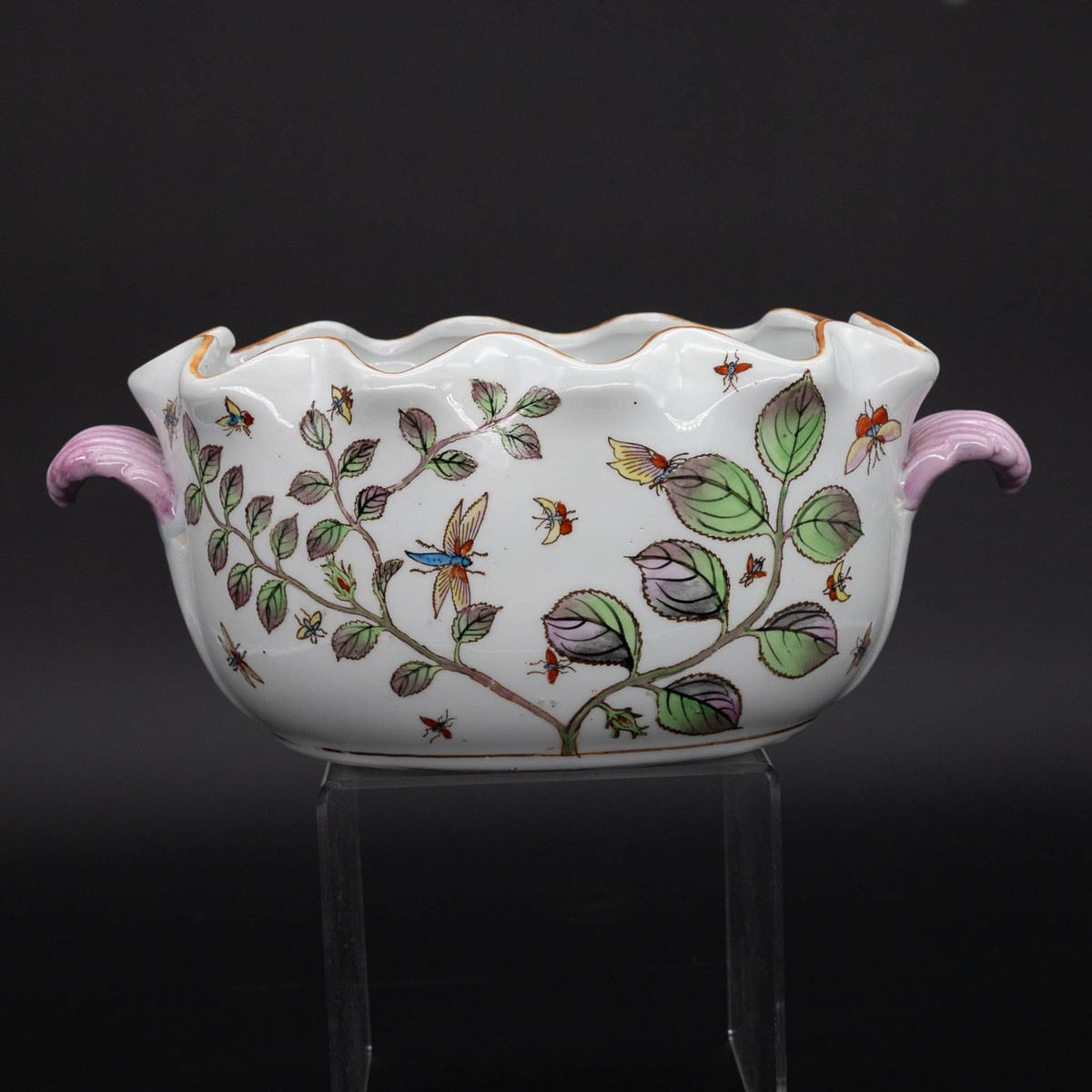 Chinese Porcelain Chinoiserie Cachepot Pink Green Insect/Flower Scallop Rim Vtg | eBay US