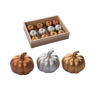 Transpac Set of 12 Mini Metallic Resin Pumpkins in Crate Fall Decorative Objects for Home Decor and Seasonal Celebrations | Target