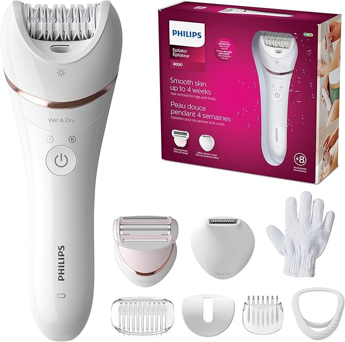 Philips Epilator Series 8000, Wet & Dry, 3-in-1 with Shaver & Trimmer Attachments for Women, 8 Ac... | Amazon (US)