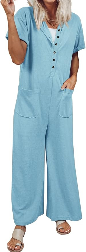 Nirovien Women's Casual V Neck Jumpsuits Short Sleeve Wide Leg Romper Button Down Baggy Long Over... | Amazon (US)