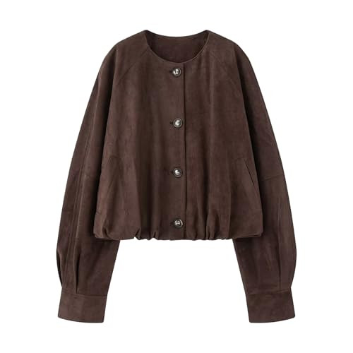 Ainangua Women's Faux Suede Button Bomber Jacket Oversized Gathered Hem Short Coat Casual Cropped... | Amazon (US)