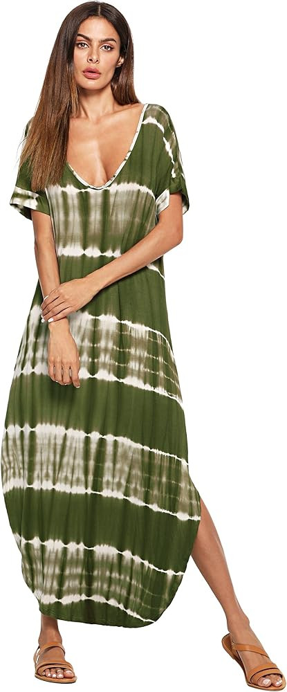 MakeMeChic Women's Boho Maxi Short Sleeve Split Pockets Tie Dye Long Dress | Amazon (US)