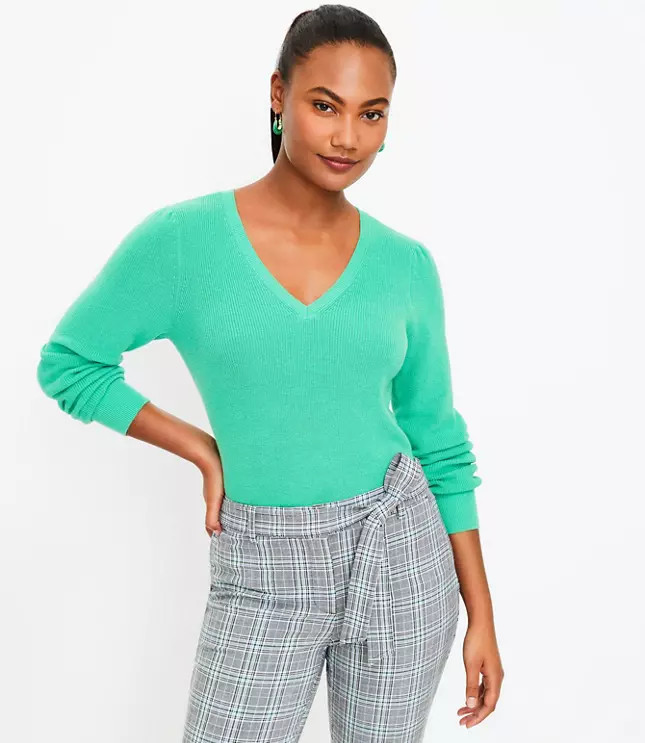 Ribbed Puff Sleeve V-Neck Sweater | LOFT