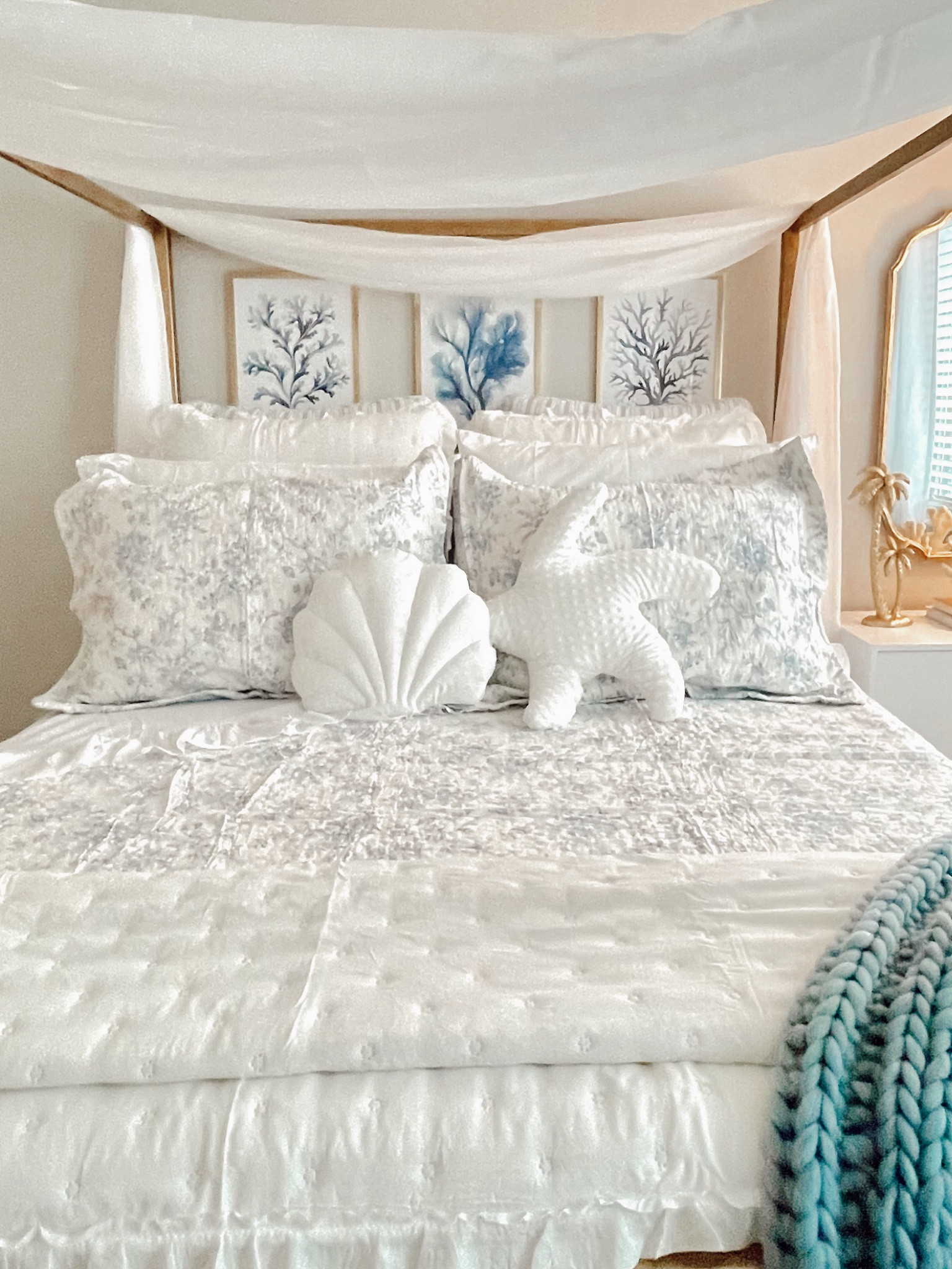 Teen bedroom, floral print bedding, sheets , quilt set , home decor, chest , side table, books , pillows, artwork, frames.  I painted the bed gold.  