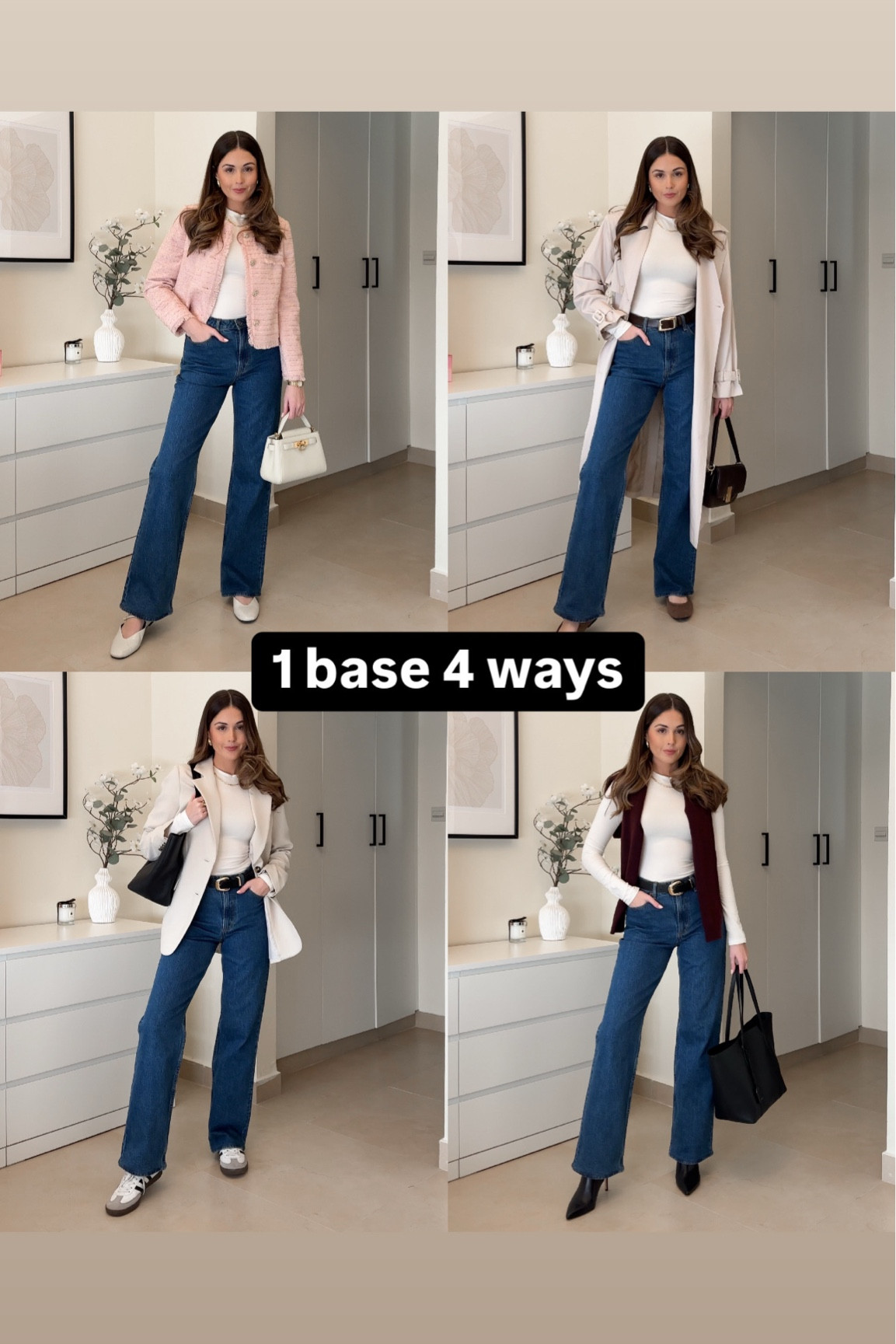 Dark denim jeans and white long sleeve top - worn with pink tweed jacket/trench coat/beige blazer/knit jumper draped 

#LTKuk #LTKspring #LTKeurope