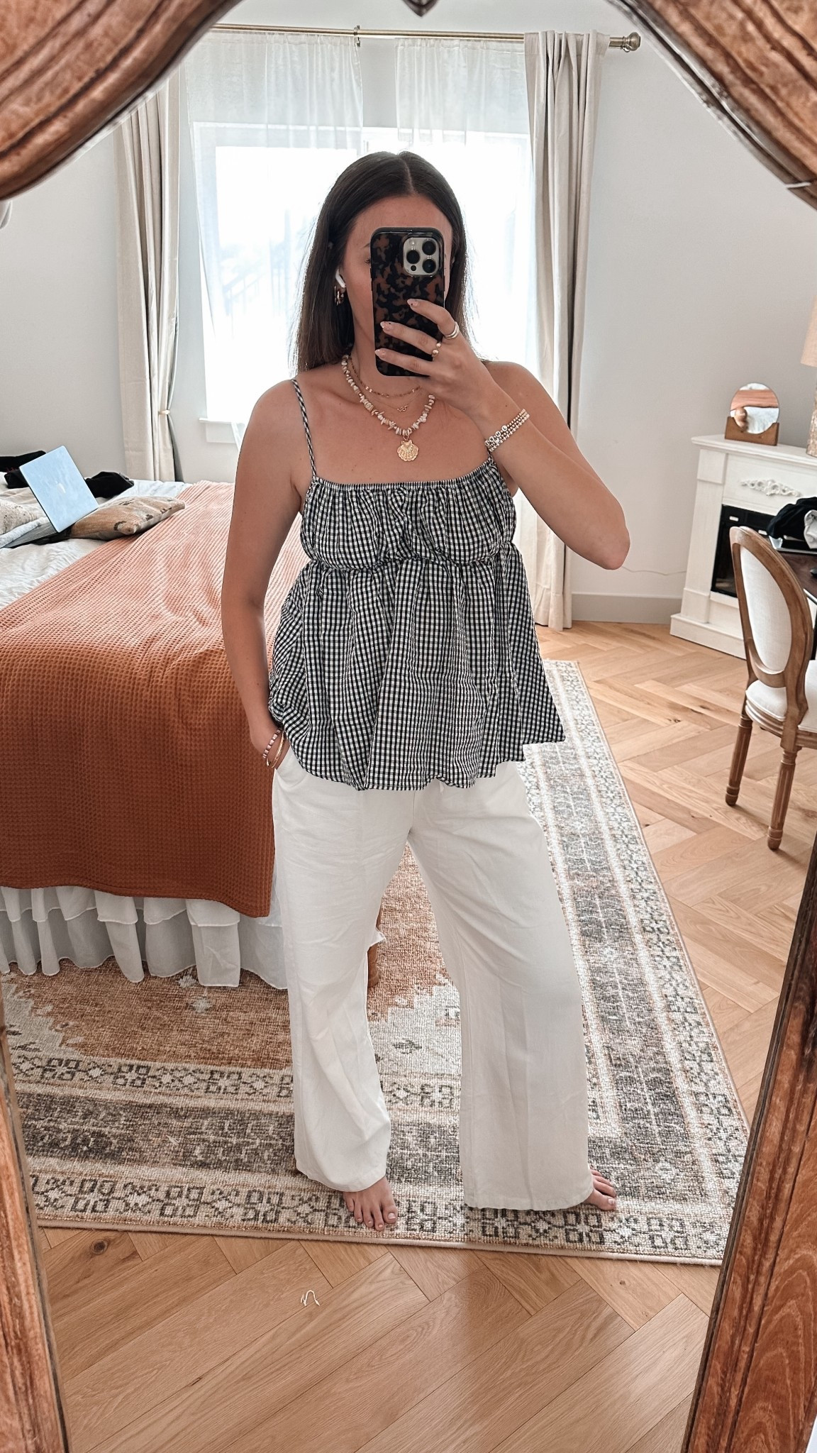 Summer ootd 🐚☀️ gingham top, linen pants, and chunky layered necklaces 🙌🏻
Tank: small 
Pants: medium 
Linking sandals I’ll wear too

#LTKFindsUnder50