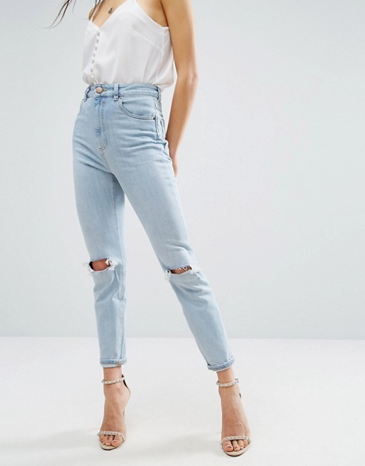 ASOS FARLEIGH High Waist Slim Mom Jeans In Beech Light Stonewash with Busted Knees and Chewed Hems | ASOS UK