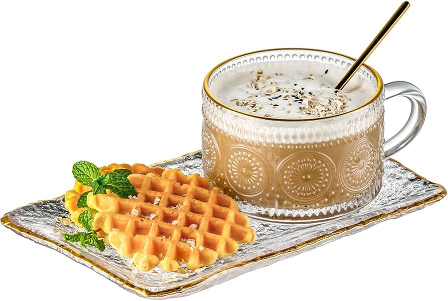 Gezzeny Vintage Coffee Mugs Set, Glass Cups Set with Saucer and Spoon, Clear Embossed Tea Breakfa... | Amazon (US)