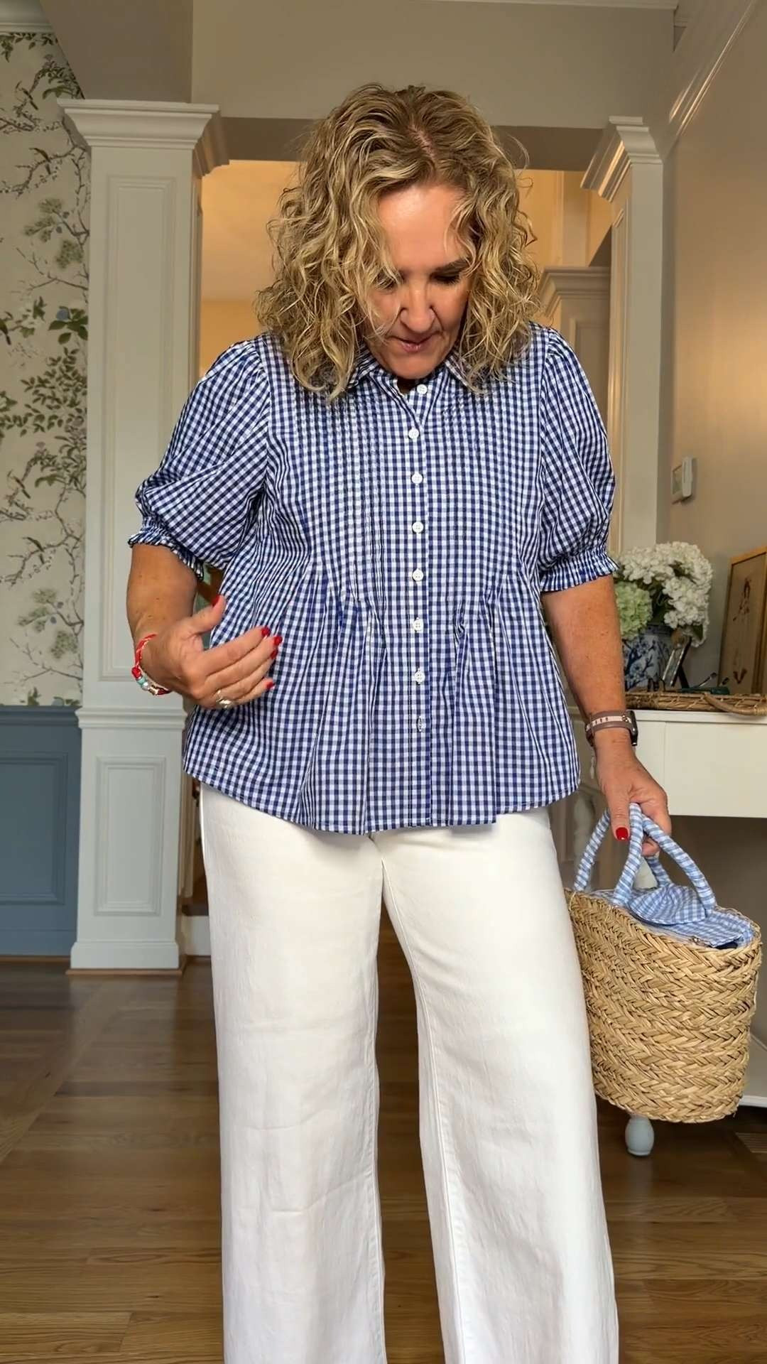 This blue gingham blouse is the perfect throw-on-and-go top for summer. The relaxed babydoll silhouette, feminine collar, and lightweight cotton fabric pair effortlessly with white wide leg pants.

💡 LTK MADE EASY

❤️ Heart = Support my posts
🔖 Save = Get sale & restock alerts
📋 Lists = Keep favorites organized
📲 Share = Send to yourself for later
💬 Comment = Ask me anything 

 #LTKootd #LTKSeasonal #LTKOver40