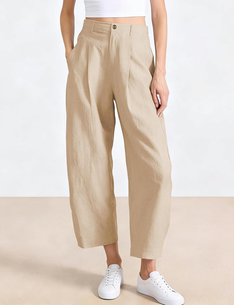 Himosyber Womens Linen Pants Barrel Wide Leg Capri Pants Casual Baggy High Waisted Summer Beach P... | Amazon (US)