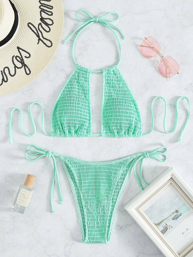 Smocked Halter Tie Side Bikini Swimsuit | SHEIN